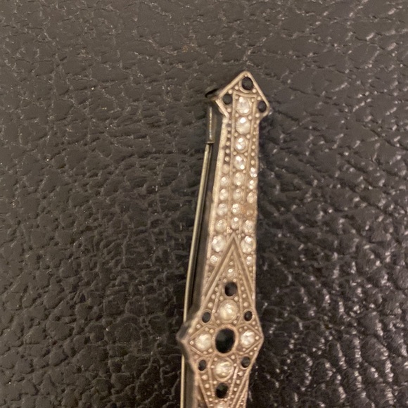 Antique Art Deco Bar Brooch 1920s Rhinestone Filigree Silver pin geometric shape - Picture 9 of 11